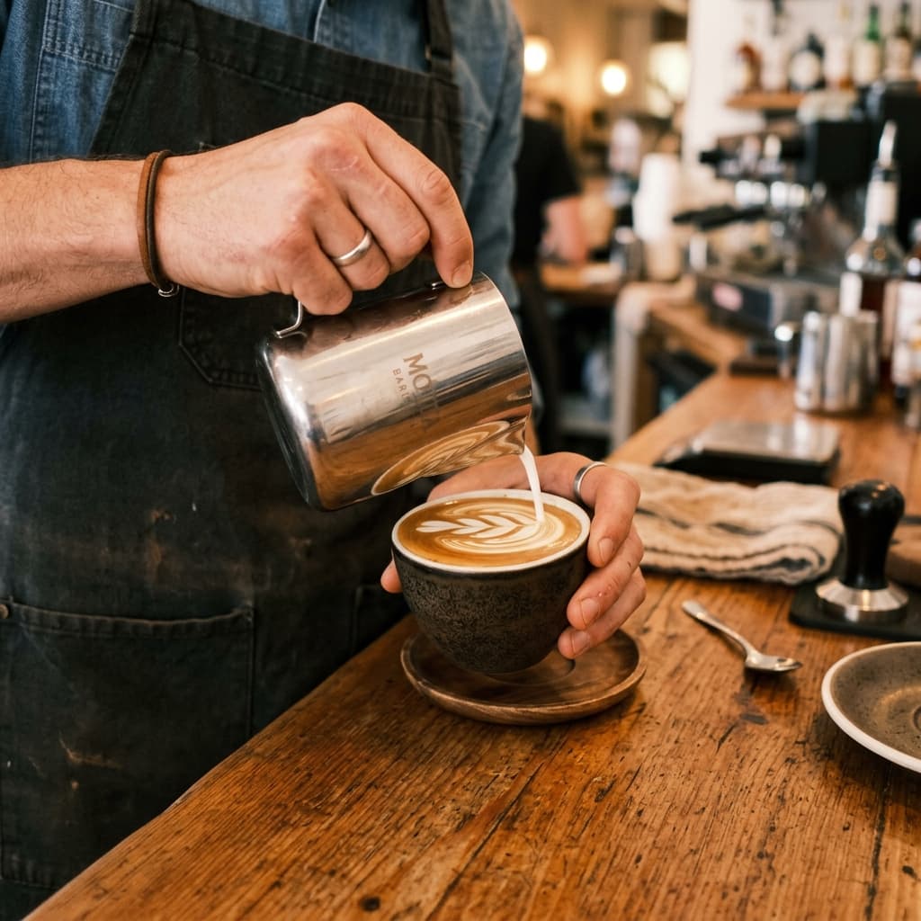 Barista pulling a fresh double shot of espresso with rich golden crema